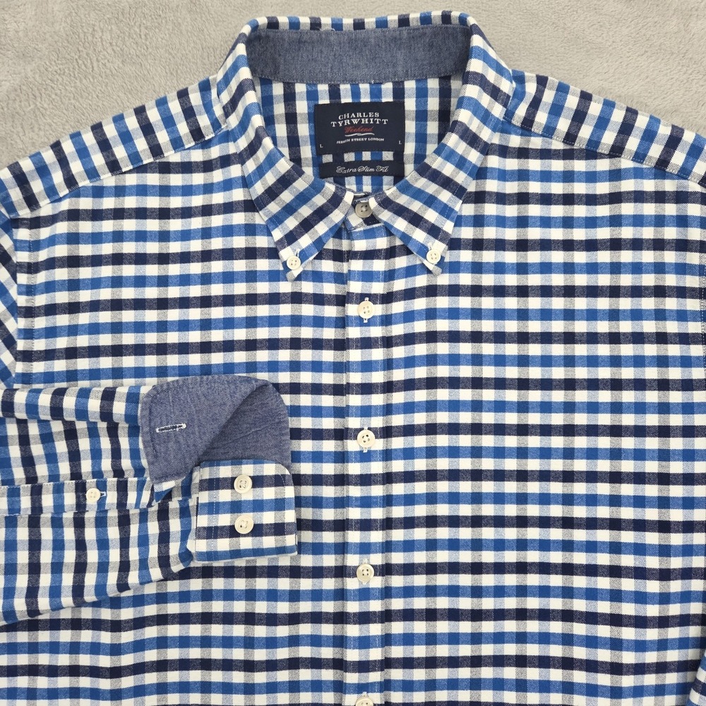 Charles Tyrwhitt Brushed Oxford Shirt Mens L Blue Gingham Weekend Extra Slim Fit